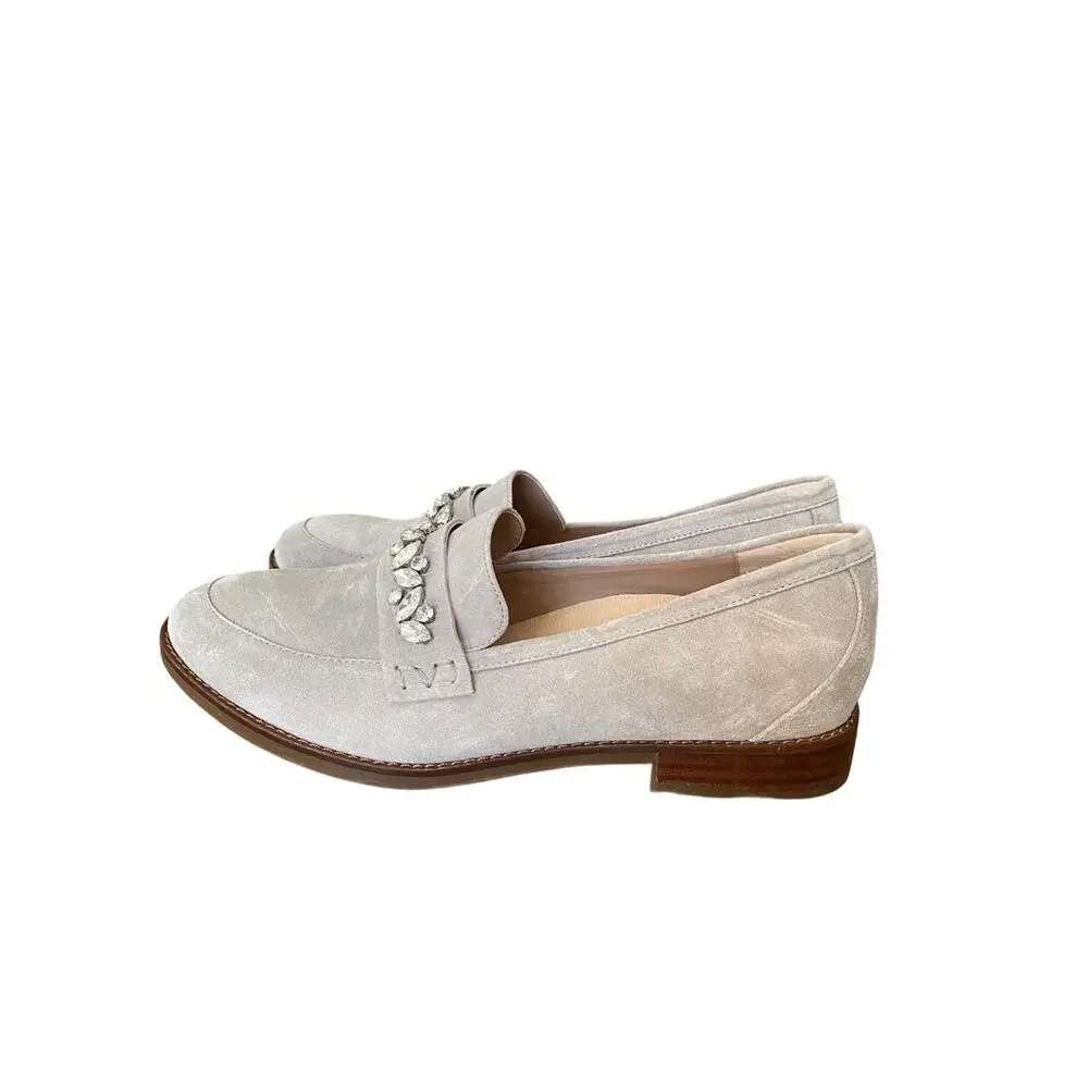 Vionic Light Gray Suede Avvy Bejeweled Rhinestone Loafers size 8